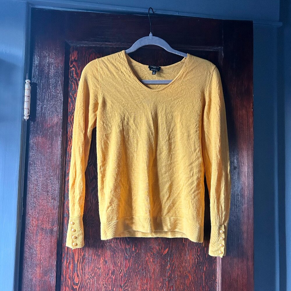 Talbots Petite Pure Merino Wool Yellow Cardigan Pointelle Pearl Buttons SP